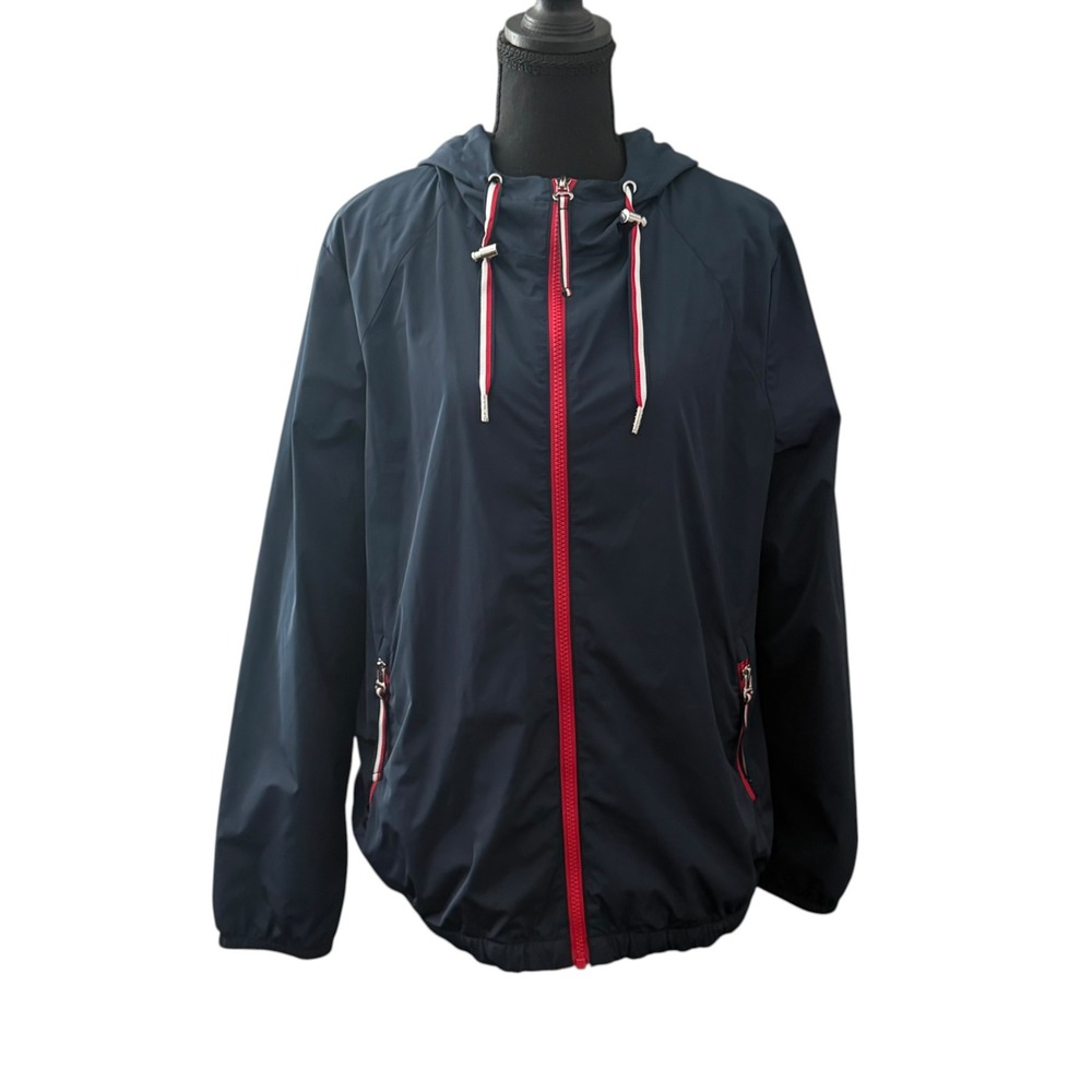 Tommy Hilfiger Hooded Windbreaker L Navy Red Mesh Lined Jacket Athleisure Sporty